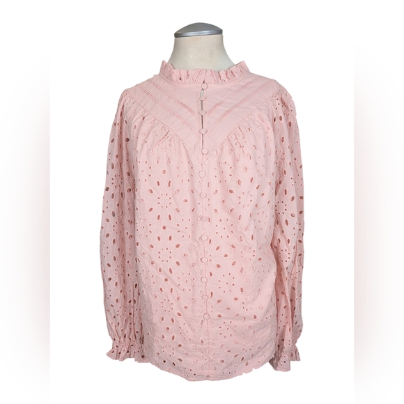 Pink Romantic Boho Puff Long Sleeve Button Up Blouse With Lace Eyelet Details - Picture 5 of 11